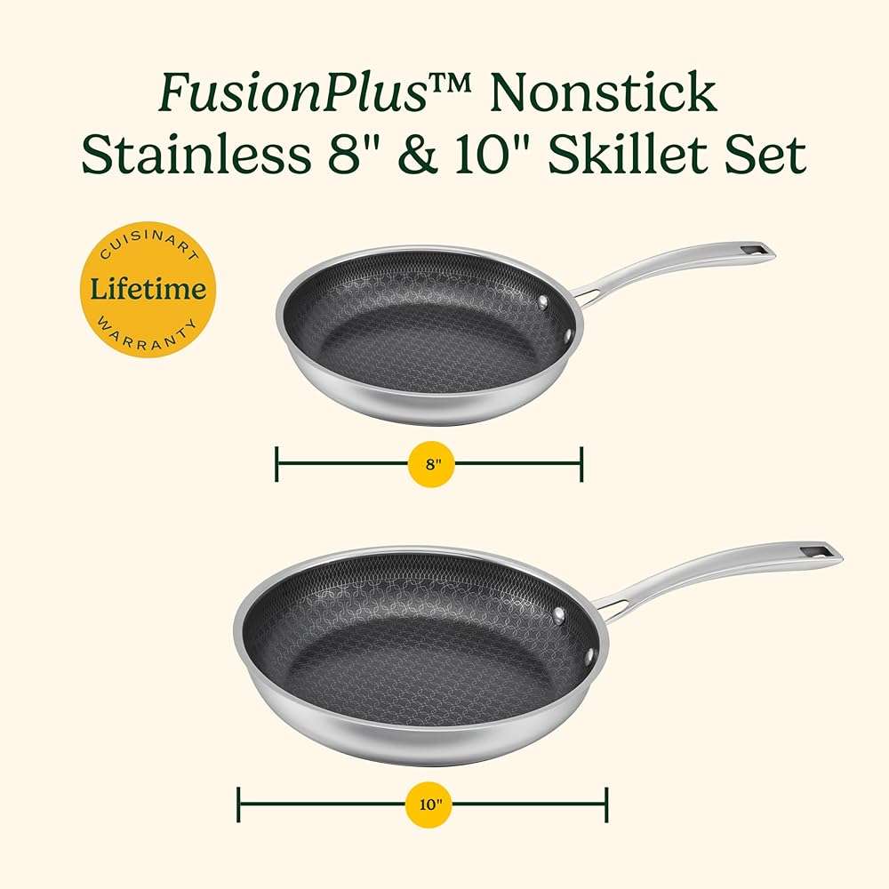 Cuisinart FusionPlus Hybrid Stainless Steel 2-Pc Skillet Cooking Set, 8 Inch and 10 Inch Open Skillets, PURELYSEAR Hybrid Searing Surface, Oven Safe, Cool Grip, Induction Compatible - Image 8
