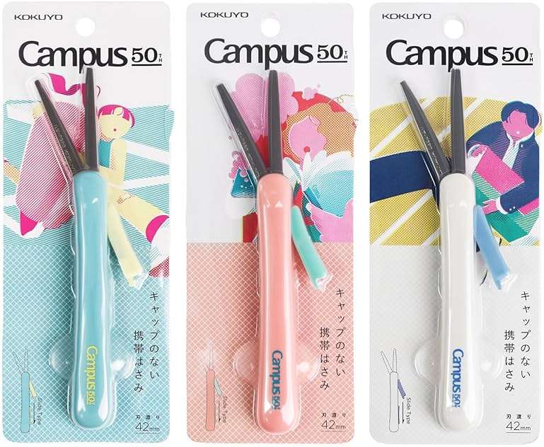 Kokuyo Saxa Poche Portable Scissors, 3 Pack Twiggy Scissors, 3D Glueless Stainless Steel Blade, 50th Anniversary Pen-shaped Design, Slide Mechanism, Pink Blue Gray, Japan Import (HASA-P320-L2) - Image 1
