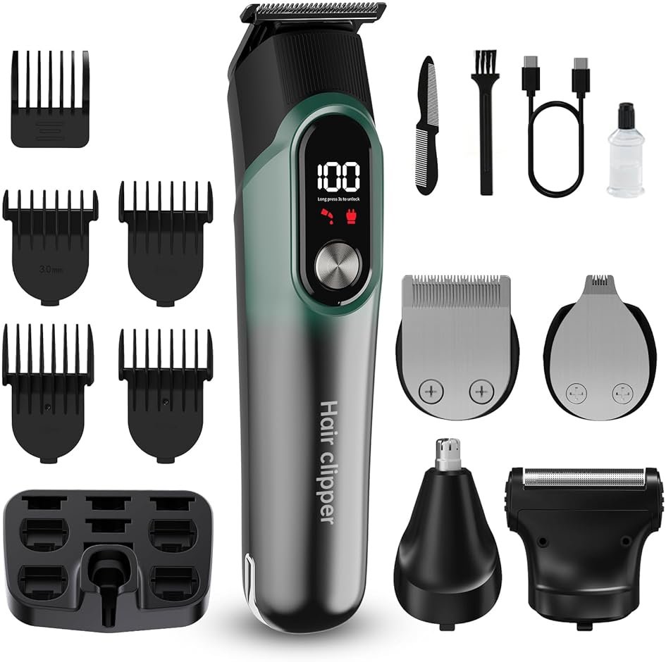 RUIBO Beard Trimmer for Men, 5-in-1 Cordless Hair Clipper Kit with Foil Razor, Waterproof Body, Nose & Ear Groomer, Precision Trimming for Beard, Hair & Body Care (Green) - Product Image
