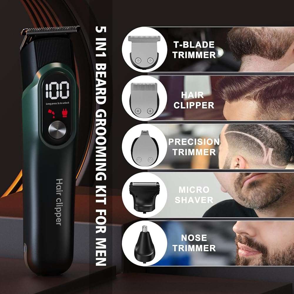RUIBO Beard Trimmer for Men, 5-in-1 Cordless Hair Clipper Kit with Foil Razor, Waterproof Body, Nose & Ear Groomer, Precision Trimming for Beard, Hair & Body Care (Green) - Image 3