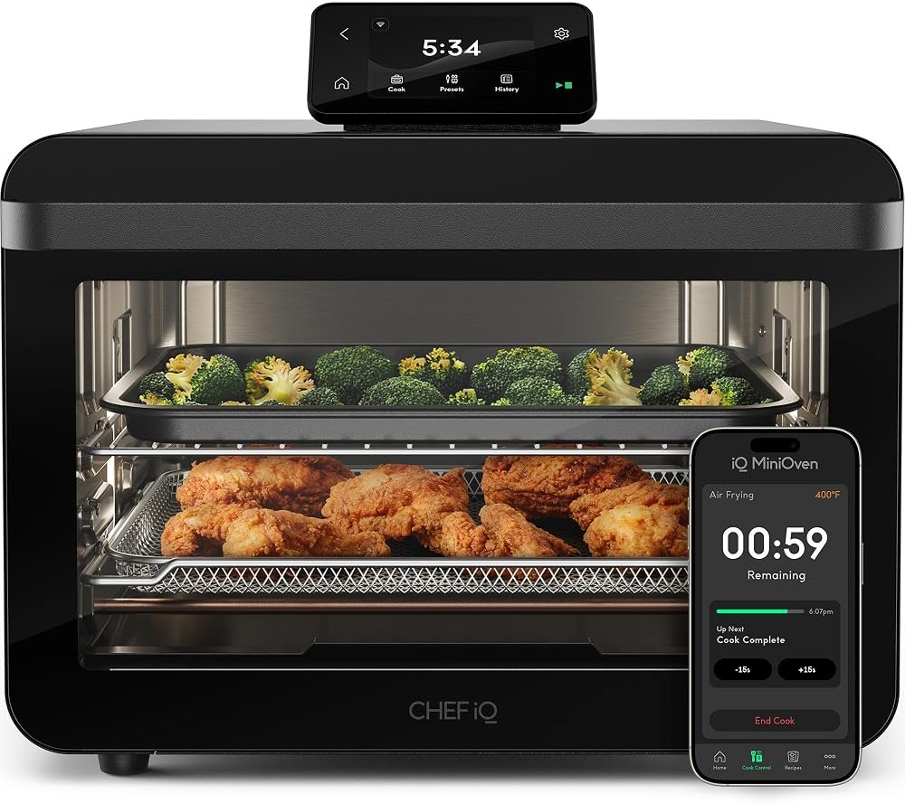 CHEF iQ MiniOven Smart Toaster Oven Air Fryer Combo, 11-in-1 Countertop Convection Oven, Bake, Broil, Air Fry, Broil, Dehydrate, 1750W, 25 Qt Capacity, Fast Cooking with Touchscreen Controls – Black - Product Image