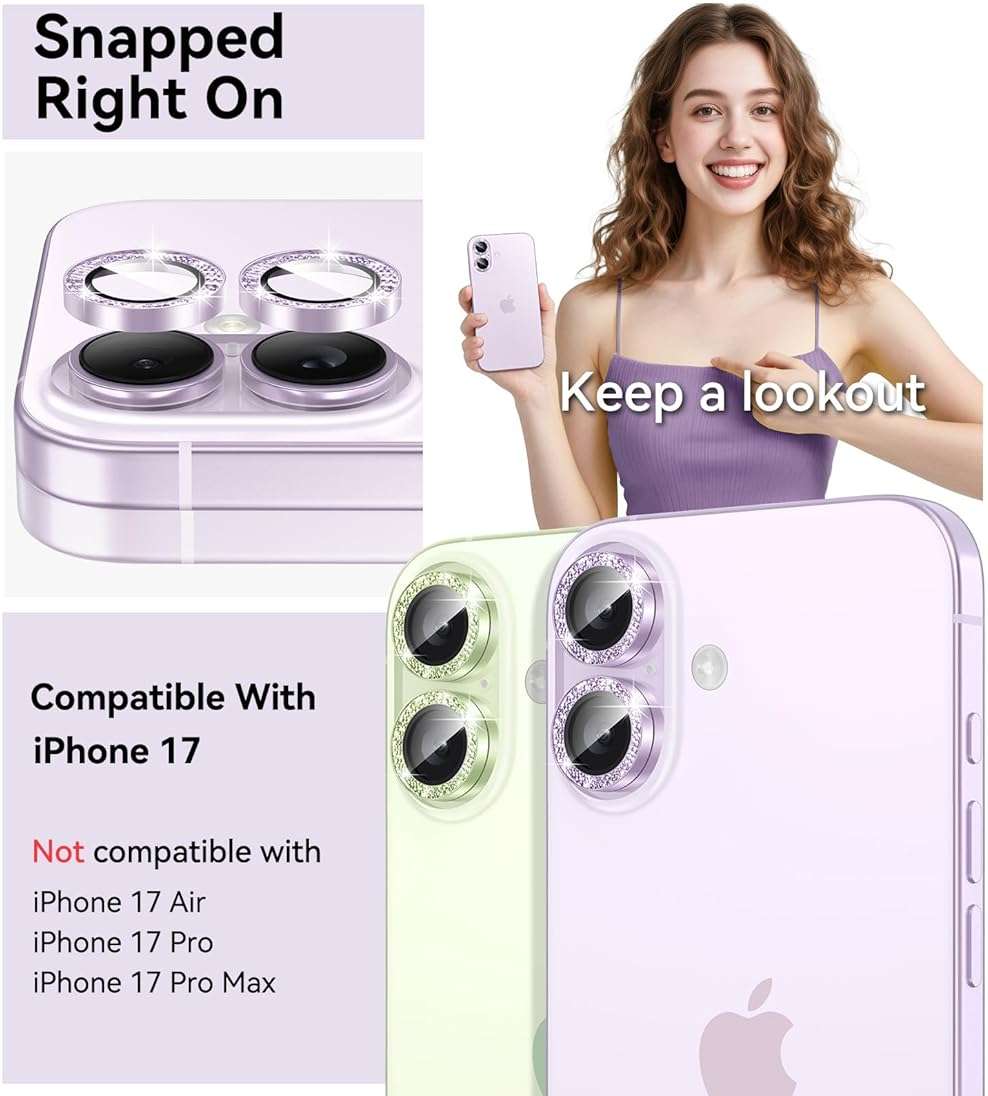 Matekxy for iPhone 17 Camera Lens Protector Glitter - Cute Girly Metal Individual Bling Ring Cover for Women, 9H Anti-Scratch Tempered Glass with Aluminum Edging, Lavender - Image 2