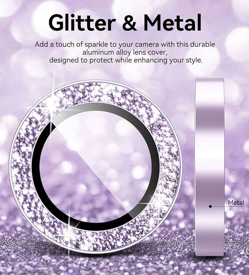 Matekxy for iPhone 17 Camera Lens Protector Glitter - Cute Girly Metal Individual Bling Ring Cover for Women, 9H Anti-Scratch Tempered Glass with Aluminum Edging, Lavender - Image 3
