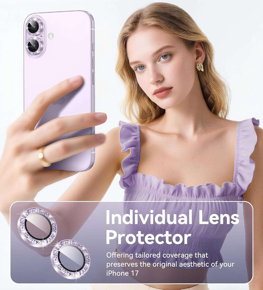 Matekxy for iPhone 17 Camera Lens Protector Glitter - Cute Girly Metal Individual Bling Ring Cover for Women, 9H Anti-Scratch Tempered Glass with Aluminum Edging, Lavender - Image 4