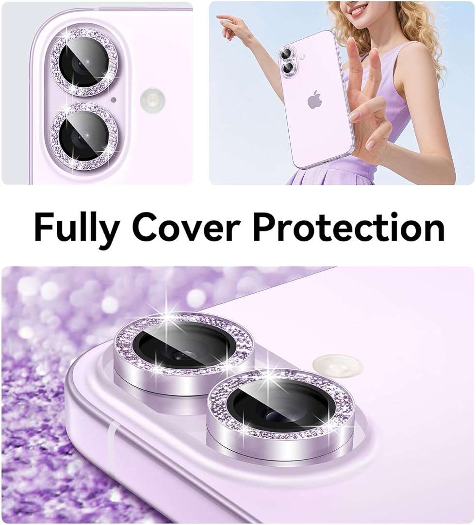 Matekxy for iPhone 17 Camera Lens Protector Glitter - Cute Girly Metal Individual Bling Ring Cover for Women, 9H Anti-Scratch Tempered Glass with Aluminum Edging, Lavender - Image 5