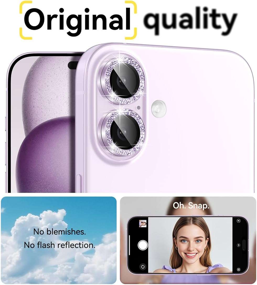 Matekxy for iPhone 17 Camera Lens Protector Glitter - Cute Girly Metal Individual Bling Ring Cover for Women, 9H Anti-Scratch Tempered Glass with Aluminum Edging, Lavender - Image 6