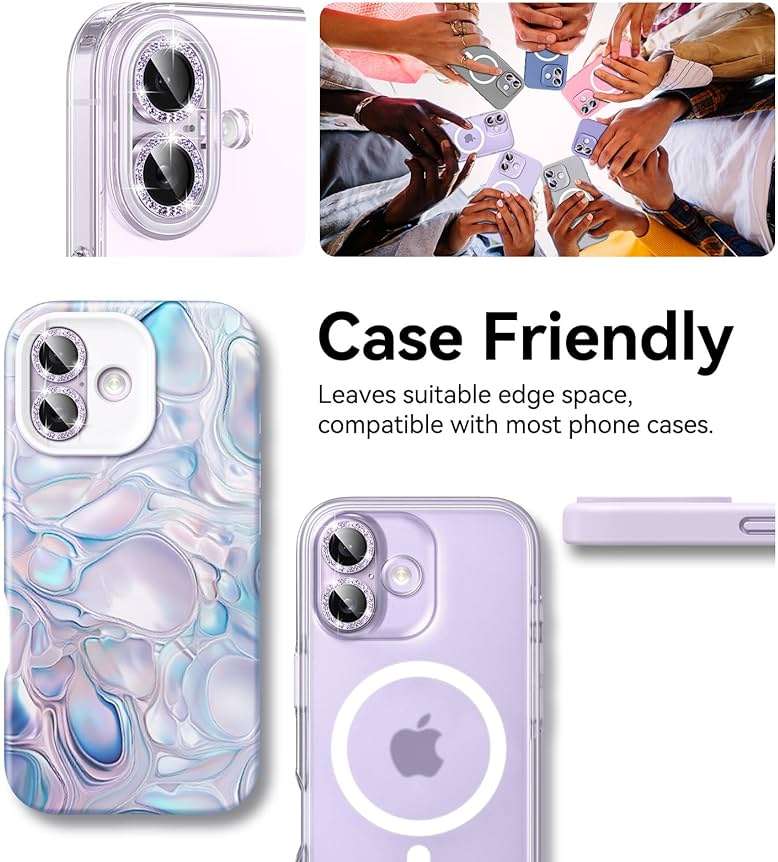 Matekxy for iPhone 17 Camera Lens Protector Glitter - Cute Girly Metal Individual Bling Ring Cover for Women, 9H Anti-Scratch Tempered Glass with Aluminum Edging, Lavender - Image 7