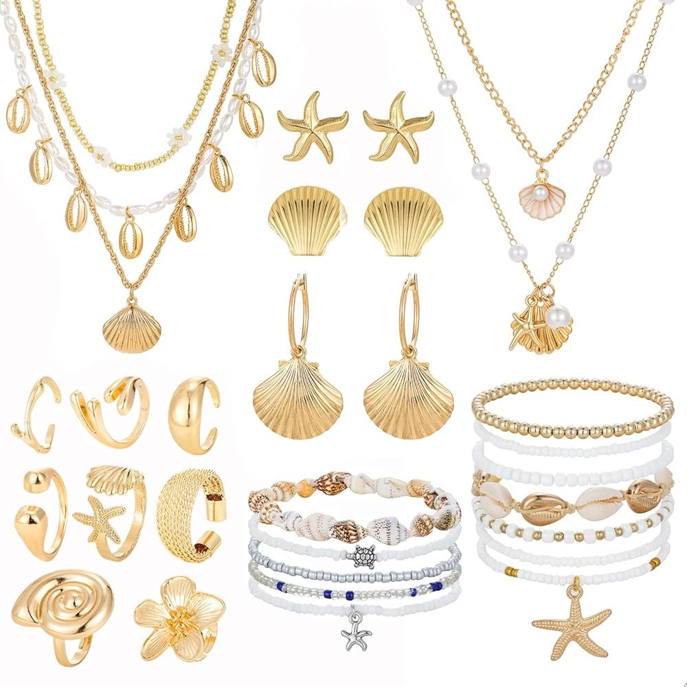 EILINOA 25 Pcs Shell And Starfish Jewelry Set Ocean-Inspired Earrings Stackable Rings Layered Shell Necklaces And Beaded Beach Bracelets Boho Summer Jewelry for Women, Vacation Gifts - Product Image