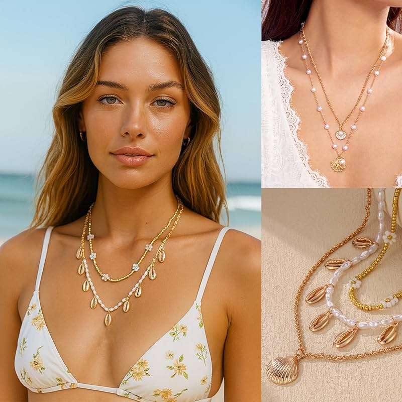 EILINOA 25 Pcs Shell And Starfish Jewelry Set Ocean-Inspired Earrings Stackable Rings Layered Shell Necklaces And Beaded Beach Bracelets Boho Summer Jewelry for Women, Vacation Gifts - Image 2