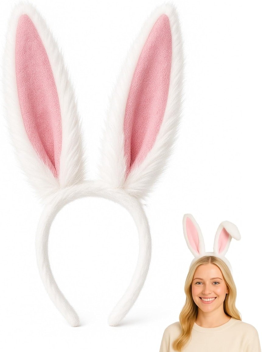 Bunny Ears Headband – White Rabbit Ears with Pink Lining and Flexible Wire Inside for Shapeable Styles – Furry Bunny Ears for Halloween Dress Up, Cosplay, Easter, Costume Parties, Kids & Adults - Product Image