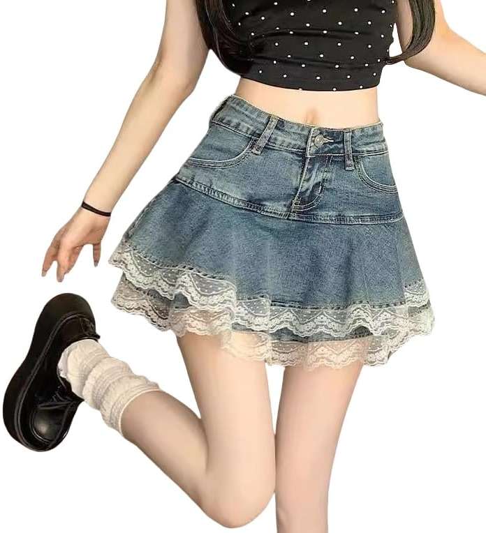 Y2K High Waist Denim Lace Mini Skirt for Women – Harajuku A-Line Ruffle Skater Skirt Kawaii Fairycore Style - Image 1