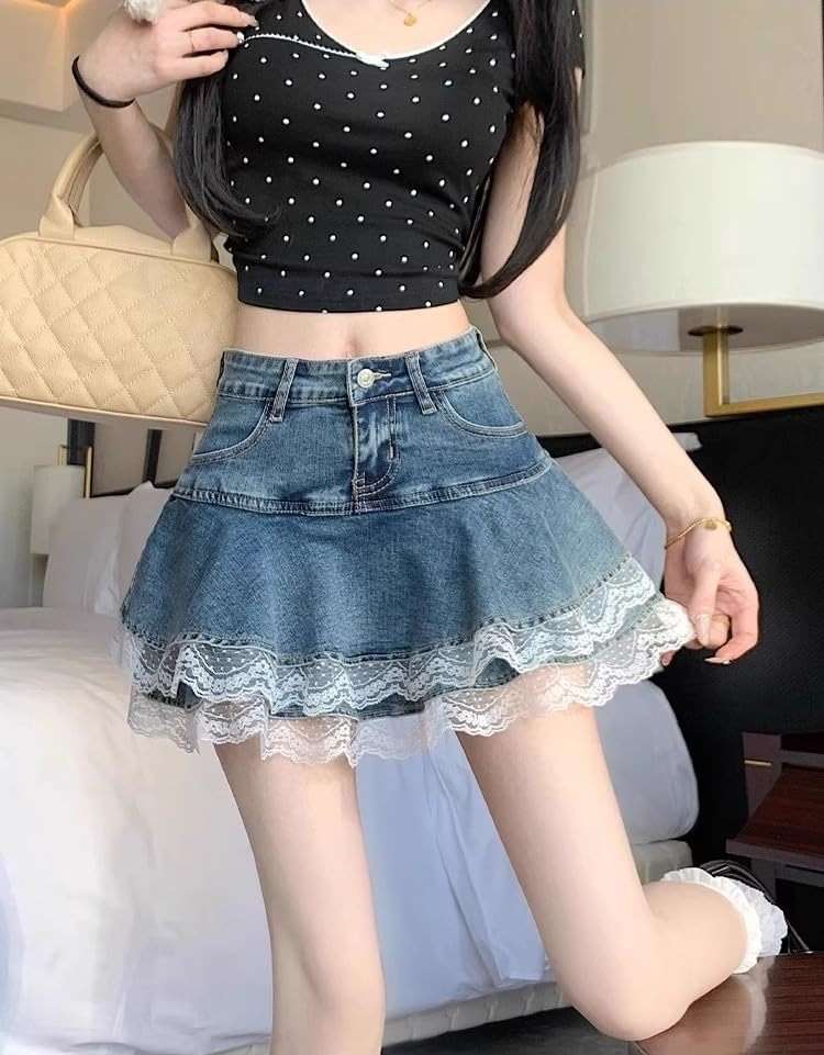 Y2K High Waist Denim Lace Mini Skirt for Women – Harajuku A-Line Ruffle Skater Skirt Kawaii Fairycore Style - Image 3