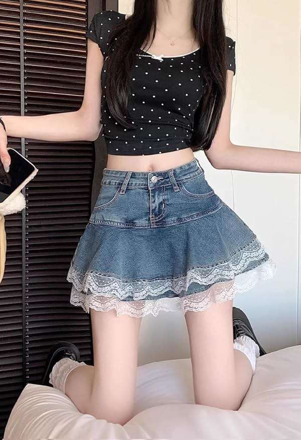 Y2K High Waist Denim Lace Mini Skirt for Women – Harajuku A-Line Ruffle Skater Skirt Kawaii Fairycore Style - Image 4