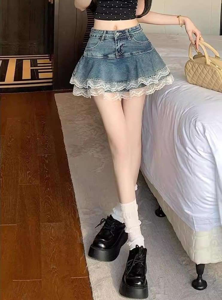 Y2K High Waist Denim Lace Mini Skirt for Women – Harajuku A-Line Ruffle Skater Skirt Kawaii Fairycore Style - Image 5