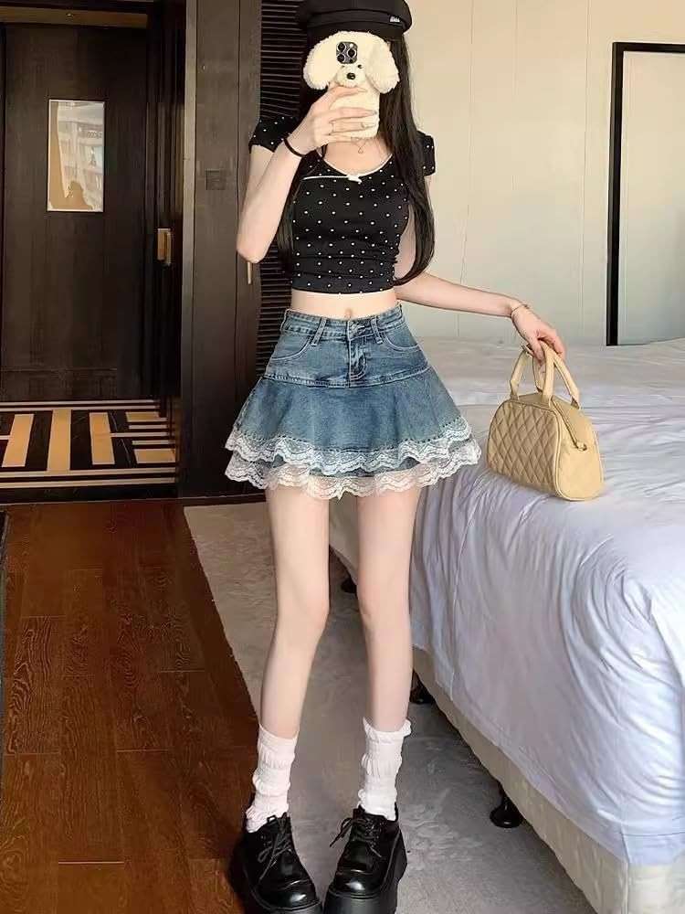 Y2K High Waist Denim Lace Mini Skirt for Women – Harajuku A-Line Ruffle Skater Skirt Kawaii Fairycore Style - Image 6