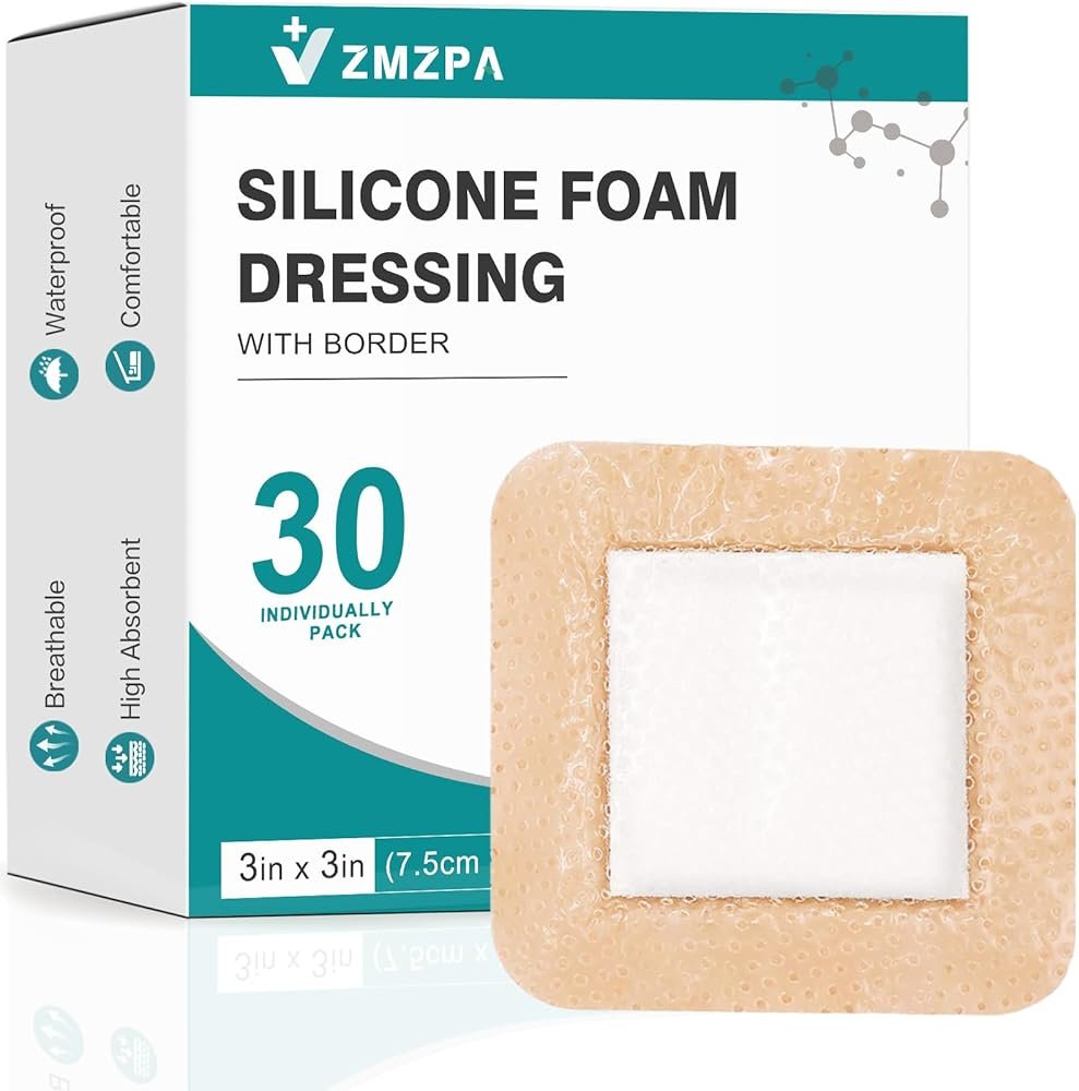 Silicone Foam Dressing 3x3 Gentle Border, Super Absorbent Wound Dressing, Bed Sore Patches, Waterproof Silicone Bandages for Wounds Care, Self Adhesive Pressure Sore Pads (30) - Product Image