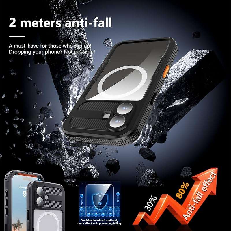 GOLDJU Magnetic for iPhone 17 Case-Waterproof, Built-in Screen & Camera Protector-IP68 Underwater Full Body 16FT Military Dropproof Shockproof Case for 17 6.3''- Black - Image 2
