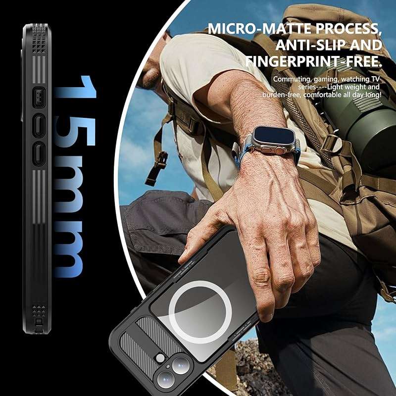 GOLDJU Magnetic for iPhone 17 Case-Waterproof, Built-in Screen & Camera Protector-IP68 Underwater Full Body 16FT Military Dropproof Shockproof Case for 17 6.3''- Black - Image 5