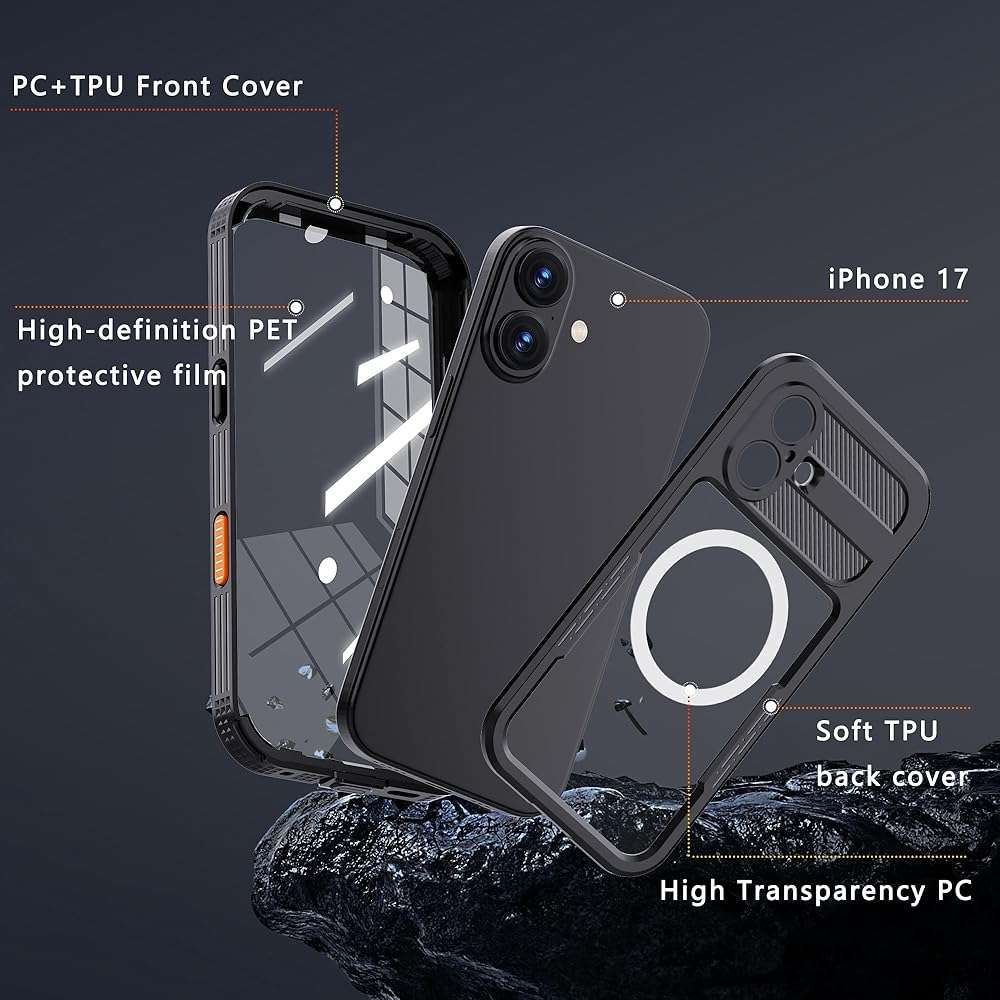 GOLDJU Magnetic for iPhone 17 Case-Waterproof, Built-in Screen & Camera Protector-IP68 Underwater Full Body 16FT Military Dropproof Shockproof Case for 17 6.3''- Black - Image 6