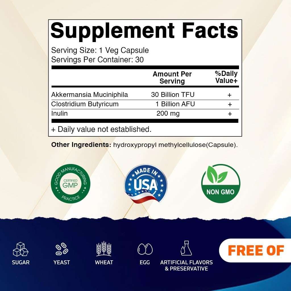 Vitamatic Akkermansia Muciniphila 30 Billion TFU + Clostridium Butyricum + Prebiotic Inulin - GLP-1 Probiotic - 30 Vegan Capsules - 30 Servings - Image 2