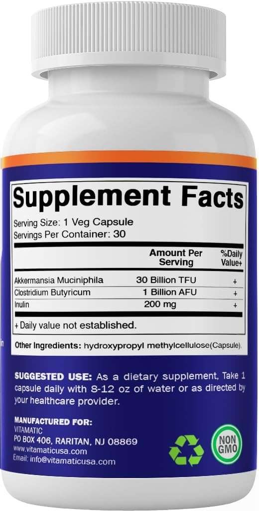 Vitamatic Akkermansia Muciniphila 30 Billion TFU + Clostridium Butyricum + Prebiotic Inulin - GLP-1 Probiotic - 30 Vegan Capsules - 30 Servings - Image 8