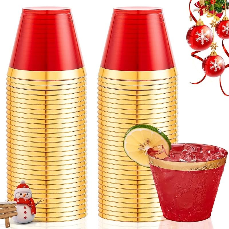Ciaell 200PCS Red Plastic Cups - 9 Oz Gold Plastic Cups - 4th of July Heavy Duty Gold Rimmed Disposable Cup - Disposable Wine Glasses with Gold Rim for Party & Wedding & Independence Day - Product Image