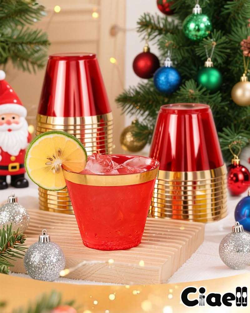 Ciaell 200PCS Red Plastic Cups - 9 Oz Gold Plastic Cups - 4th of July Heavy Duty Gold Rimmed Disposable Cup - Disposable Wine Glasses with Gold Rim for Party & Wedding & Independence Day - Image 4