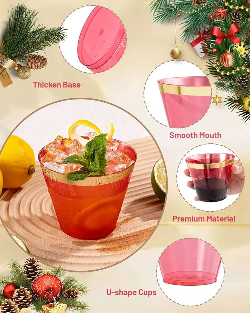 Ciaell 200PCS Red Plastic Cups - 9 Oz Gold Plastic Cups - 4th of July Heavy Duty Gold Rimmed Disposable Cup - Disposable Wine Glasses with Gold Rim for Party & Wedding & Independence Day - Image 6