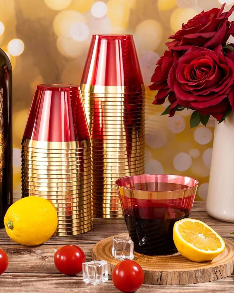 Ciaell 200PCS Red Plastic Cups - 9 Oz Gold Plastic Cups - 4th of July Heavy Duty Gold Rimmed Disposable Cup - Disposable Wine Glasses with Gold Rim for Party & Wedding & Independence Day - Image 8