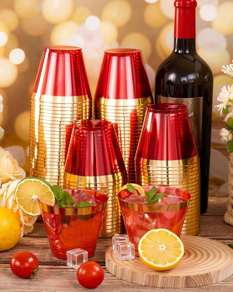 Ciaell 200PCS Red Plastic Cups - 9 Oz Gold Plastic Cups - 4th of July Heavy Duty Gold Rimmed Disposable Cup - Disposable Wine Glasses with Gold Rim for Party & Wedding & Independence Day - Image 9