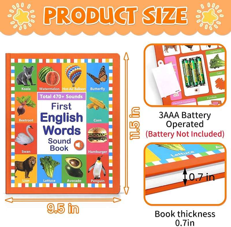 Arnbz My First English Words Sound Book Toy, English Learning Talking Book, 470+ Words, 21 Themes, Press to Learn Phonics, Interactive Educational Books for 2-5 Year Olds - Image 2