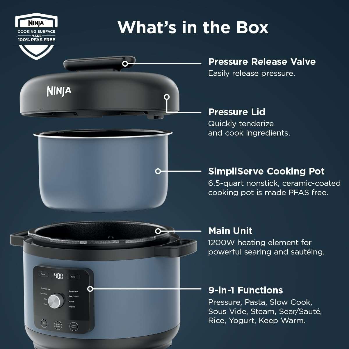 Ninja HyperHeat 9-in-1 Electric Pressure Cooker | 6.5 Qt Multi Cooker with Sear/Sauté, Slow Cooker, Rice Cooker, Sous Vide | 1200W | Fast Cooking, PFAS-Free Pot | Blue Macaron | PC201 - Image 12