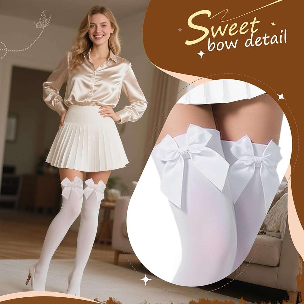 Women’s Thigh Highs with Satin Bow Accent – Sexy Over the Knee Stockings for Halloween, Parties & Cosplay Outfits - Image 2