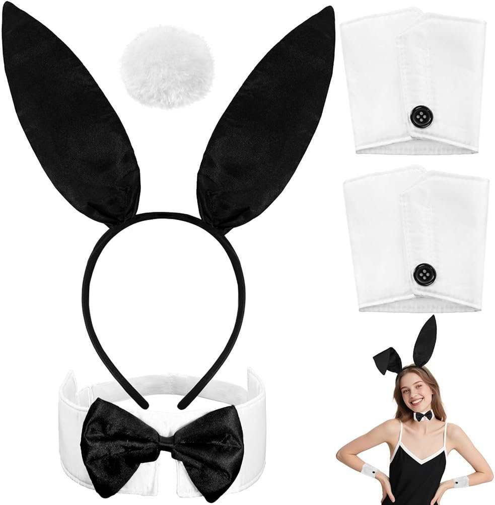 Voiiake Bunny Ears Headband, Bow Tie, Cuffs, and Tail - Bunny Costume Accessories for Women - Halloween Black Rabbit Ears for Party Outfit - Product Image
