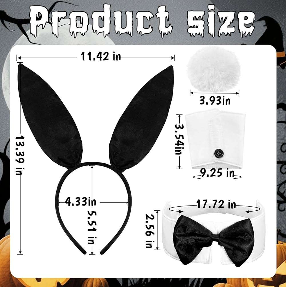 Voiiake Bunny Ears Headband, Bow Tie, Cuffs, and Tail - Bunny Costume Accessories for Women - Halloween Black Rabbit Ears for Party Outfit - Image 2