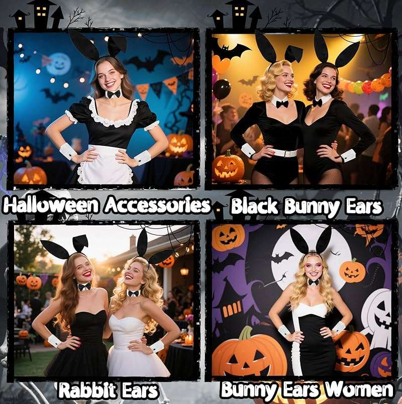 Voiiake Bunny Ears Headband, Bow Tie, Cuffs, and Tail - Bunny Costume Accessories for Women - Halloween Black Rabbit Ears for Party Outfit - Image 4
