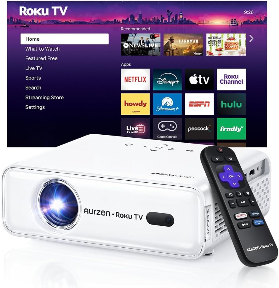 Aurzen Roku TV Smart Projector with Wifi and Bluetooth, Roku TV Built-in, 1080P FHD, DoIby Audio, Auto Focus & Keystone, Zoom, Movie Portable Outdoor Mini Projector for Soccer Football Game, White - Product Image