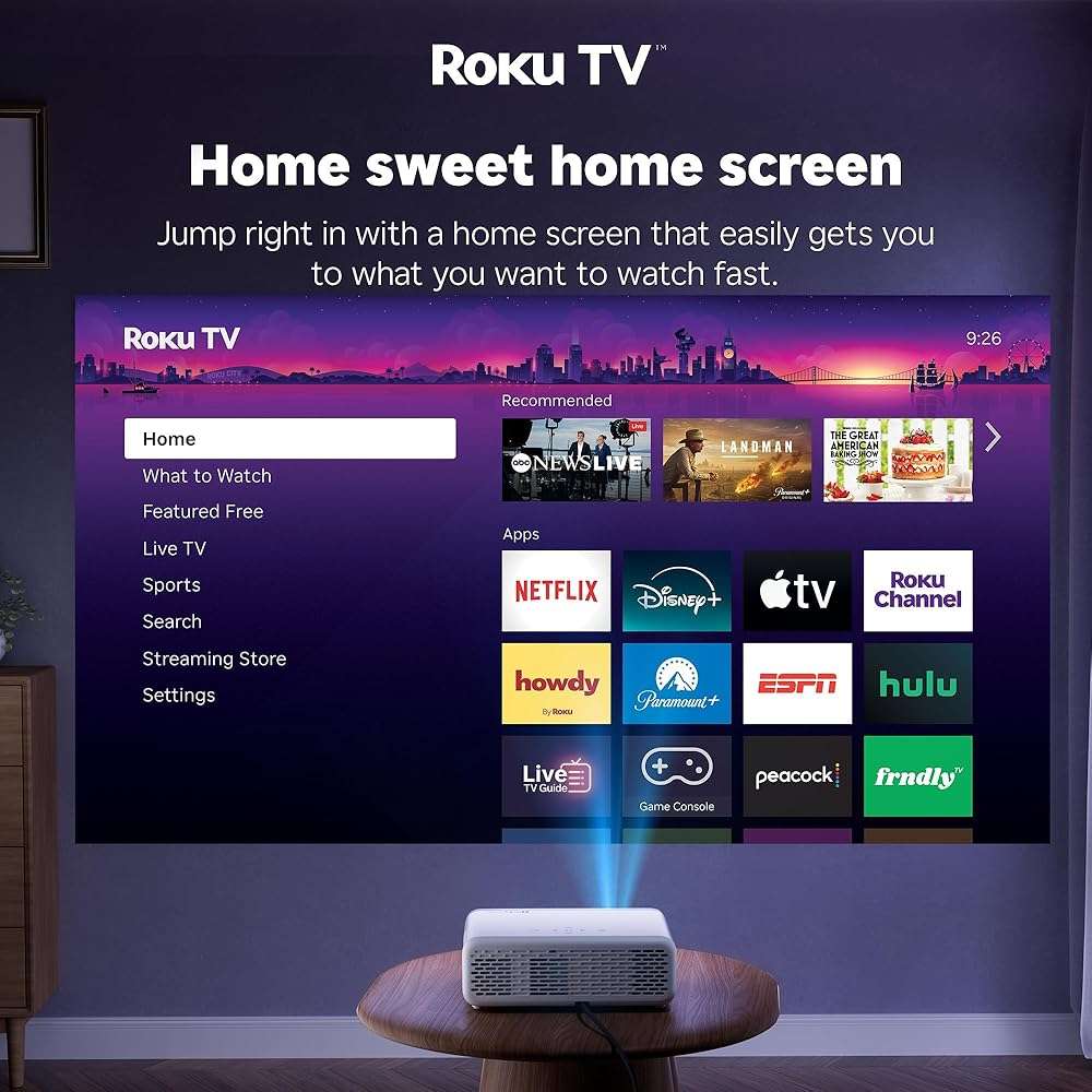 Aurzen Roku TV Smart Projector with Wifi and Bluetooth, Roku TV Built-in, 1080P FHD, DoIby Audio, Auto Focus & Keystone, Zoom, Movie Portable Outdoor Mini Projector for Soccer Football Game, White - Image 4