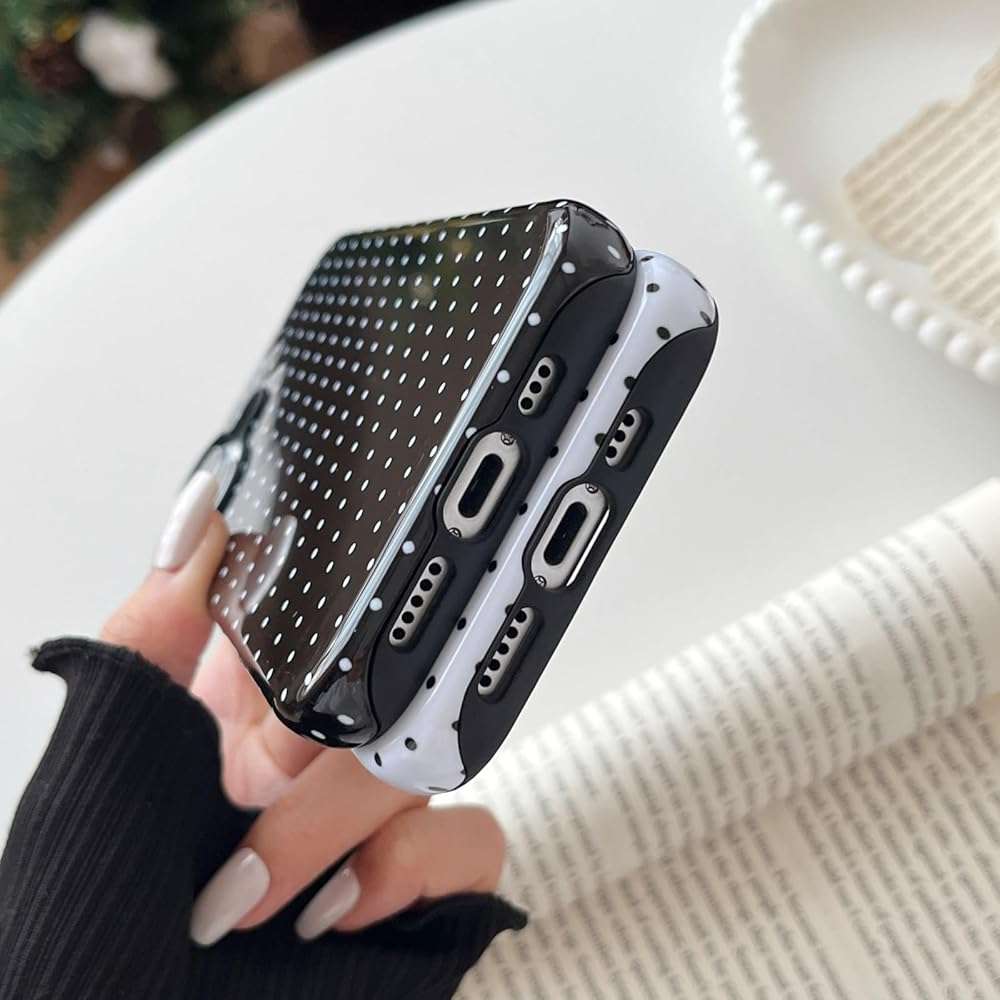 Longlayss Compatible with iPhone 17 Case Cute Aesthetic Polka Dot Phone Case for Women Girl Shockproof Slim TPU and Hard PC Protective Cover (Black) - Image 5