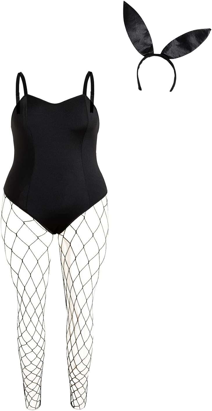 OYOANGLE Women's Plus Size Bunny Costume 3 Piece Cami Bodysuit and Stocking with Headband Lingerie Cosplay Outfits - Image 1