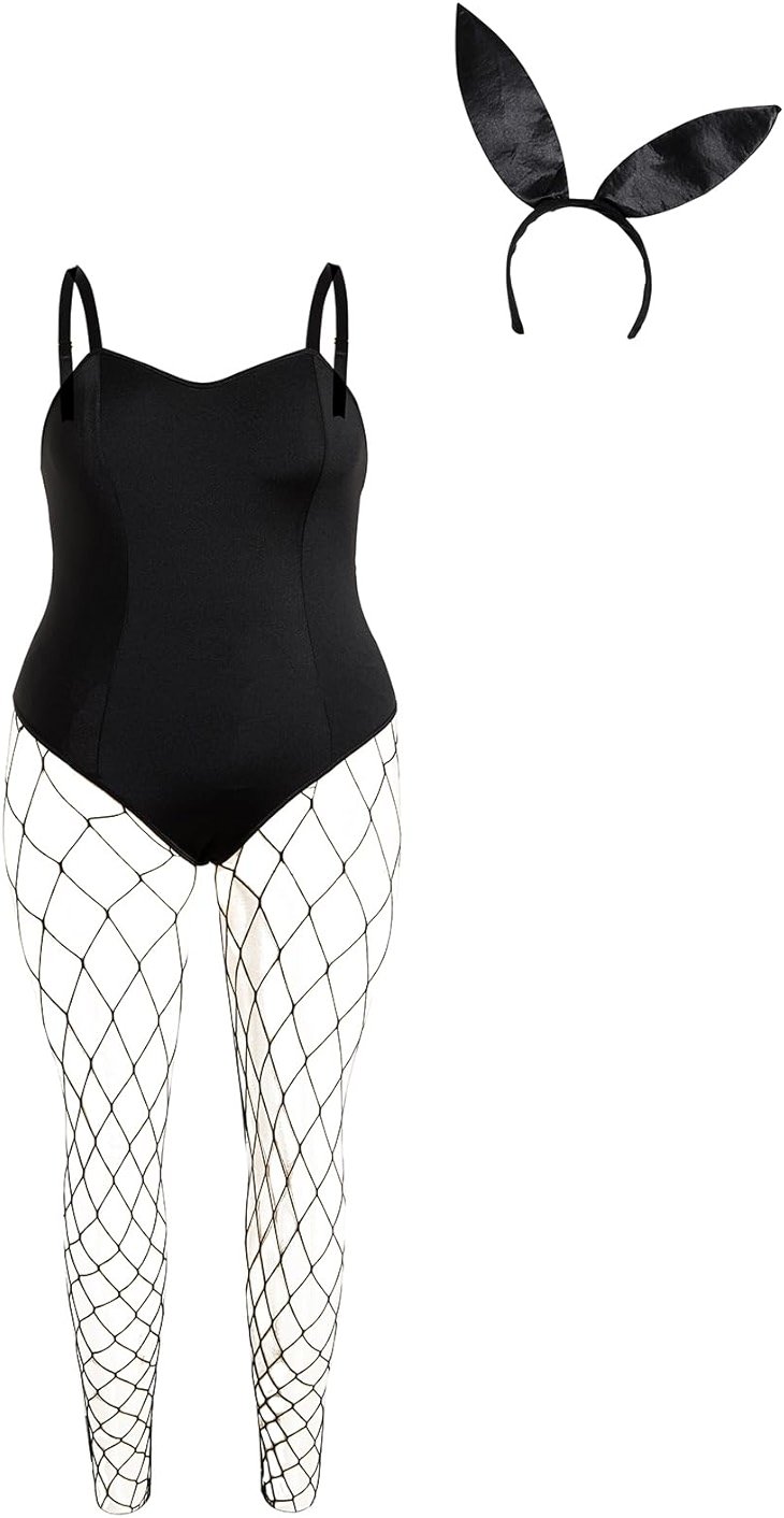 OYOANGLE Women's Plus Size Bunny Costume 3 Piece Cami Bodysuit and Stocking with Headband Lingerie Cosplay Outfits - Product Image