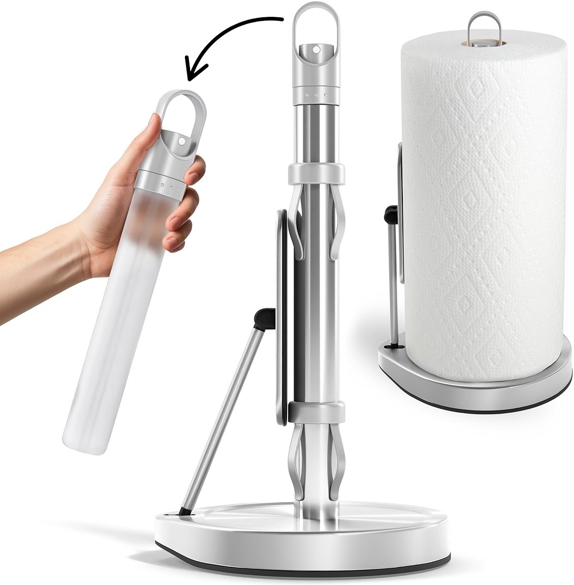 Stainless Steel Paper Towel Holder with Spray Pump – One-Handed Tear, Smart Traction System with Heavy Duty Suction Cups (Silver, Tension Arm with Spray Pump) - Product Image