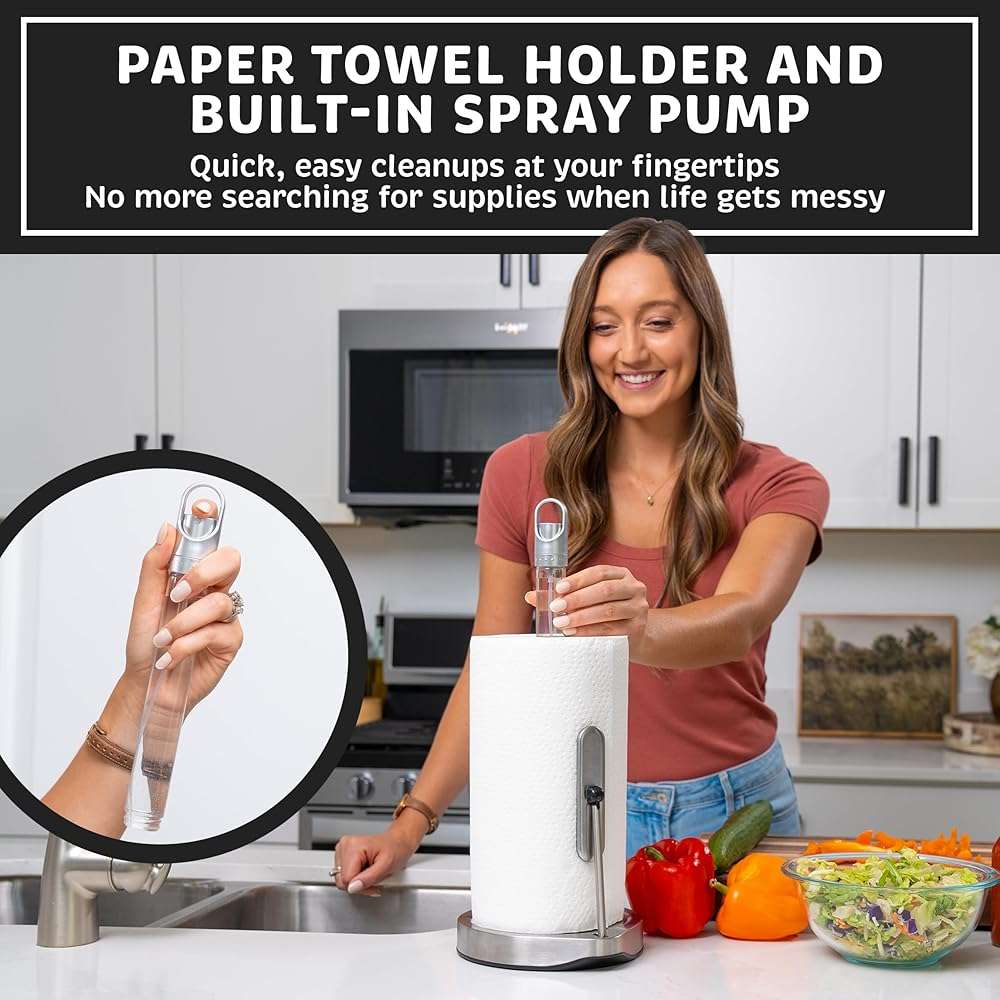 Stainless Steel Paper Towel Holder with Spray Pump – One-Handed Tear, Smart Traction System with Heavy Duty Suction Cups (Silver, Tension Arm with Spray Pump) - Image 4