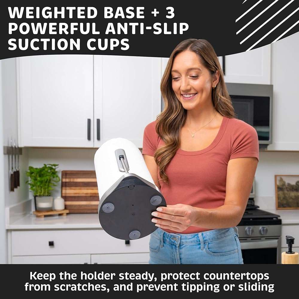 Stainless Steel Paper Towel Holder with Spray Pump – One-Handed Tear, Smart Traction System with Heavy Duty Suction Cups (Silver, Tension Arm with Spray Pump) - Image 6