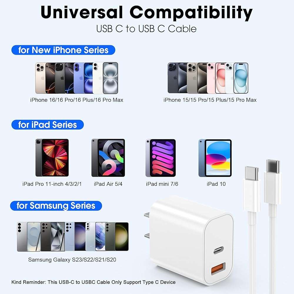 iPhone 17 16 15 Charger Fast Charging, 20W USB C Wall Charger Block with 6ft Type C to USB C Cable Cord for Apple iPhone 17/17 Pro/17 Pro Max/17 Air/16/16 Plus/16 Pro Max/15/15 Pro Max/iPad Pro/Mini - Image 2
