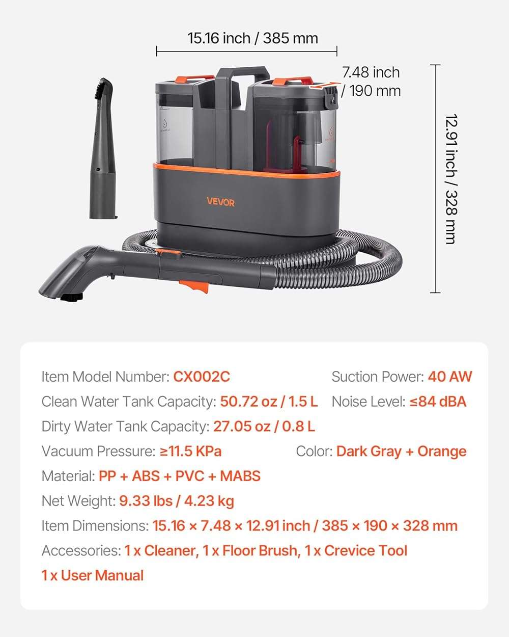 VEVOR Carpet Cleaner Machine, 50.72 oz Clean Water Tank & 27.05 oz Dirty Water Tank, Portable Upholstery Shampooer, 11.5Kpa Handheld Furniture Extractor, Spot and Stain Deep Cleaner for Rug Couch Car - Image 3