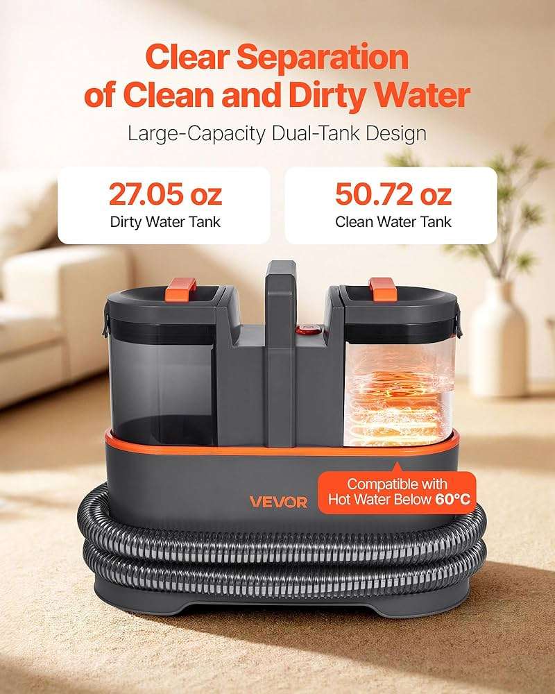 VEVOR Carpet Cleaner Machine, 50.72 oz Clean Water Tank & 27.05 oz Dirty Water Tank, Portable Upholstery Shampooer, 11.5Kpa Handheld Furniture Extractor, Spot and Stain Deep Cleaner for Rug Couch Car - Image 6