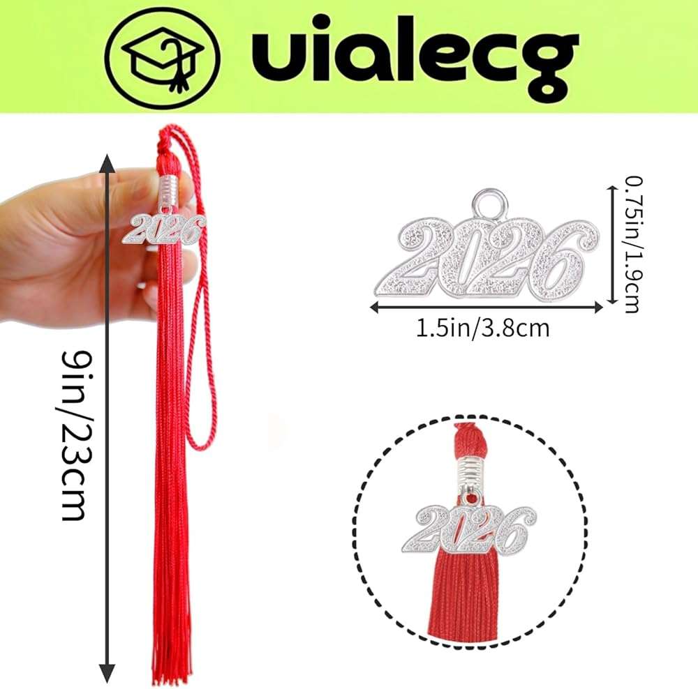 UIALECG Graduation Tassel 2026 for Grad Cap,Red Tassel with Silver Charm - Image 2
