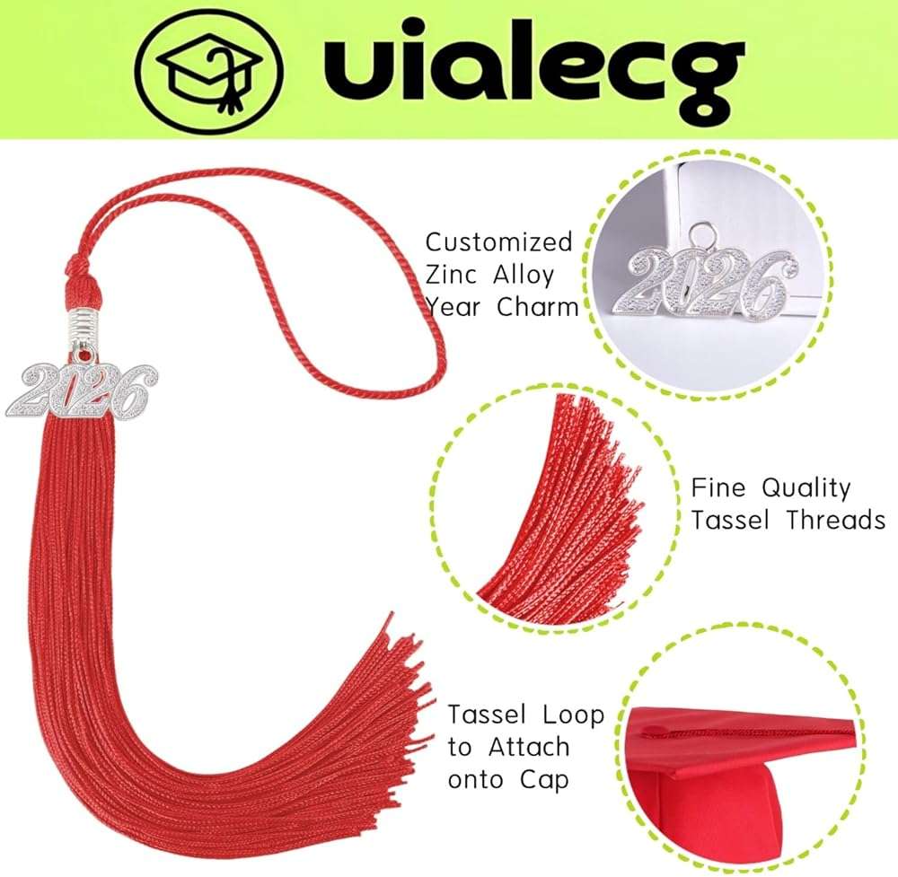 UIALECG Graduation Tassel 2026 for Grad Cap,Red Tassel with Silver Charm - Image 3