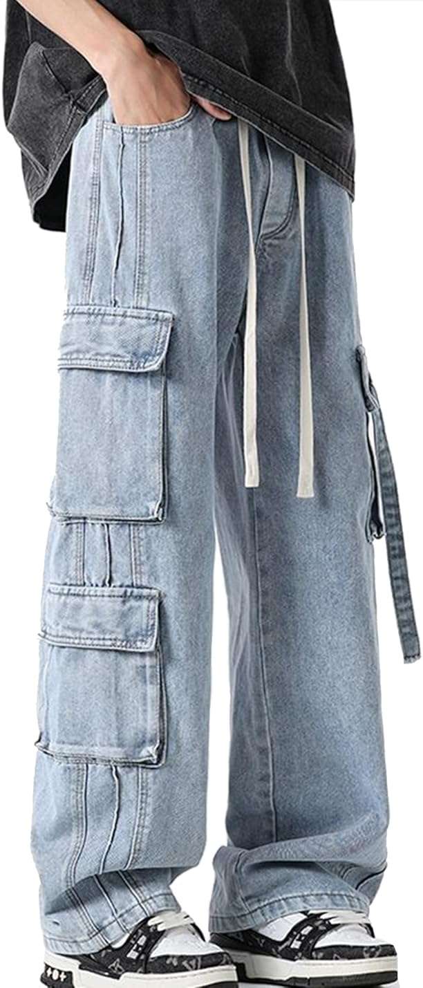 ZUNQKG Womens Y2k Baggy Cargo Jeans Drawstring Elastic Waist Wide Leg Denim with Multi Pockets - Image 1